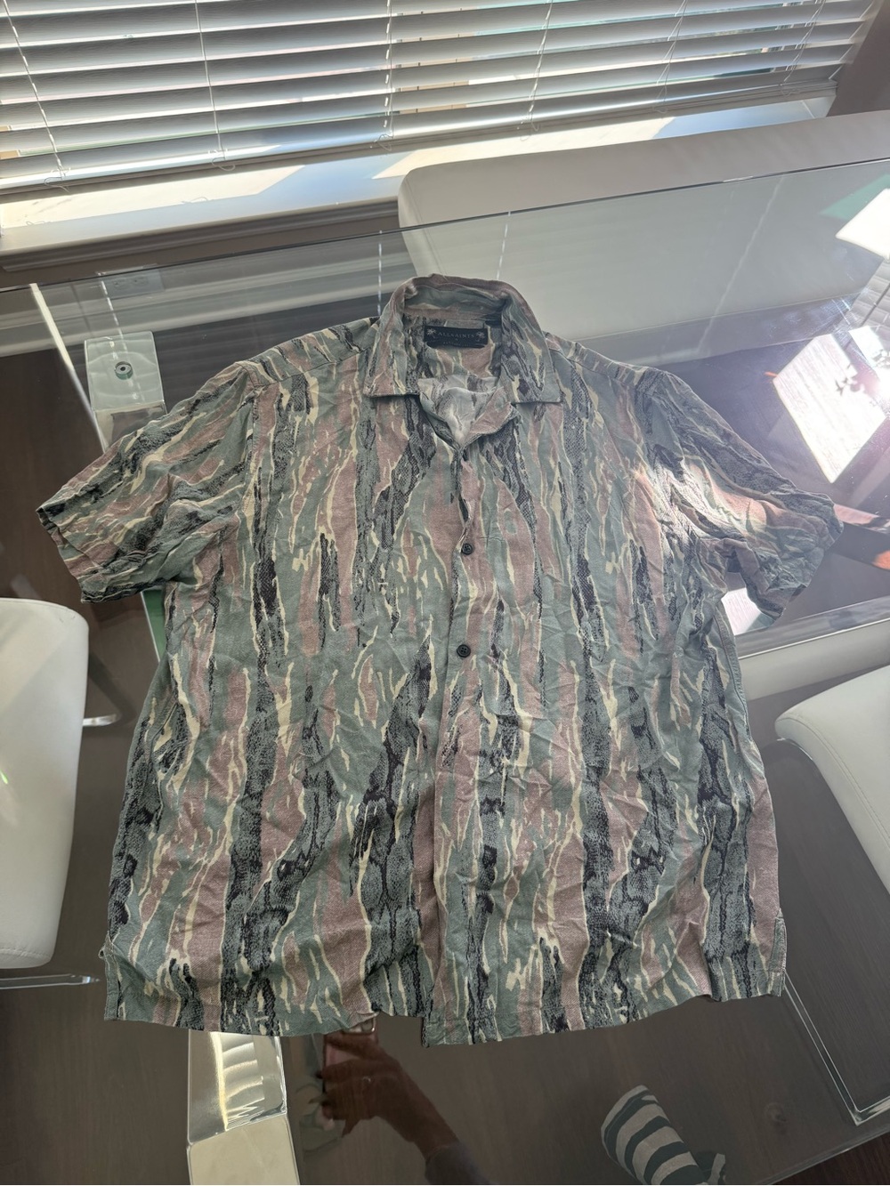 All Saints Men's Short-Sleeve Button-Down Shirt in Olive, Gray and Taupe Stripe